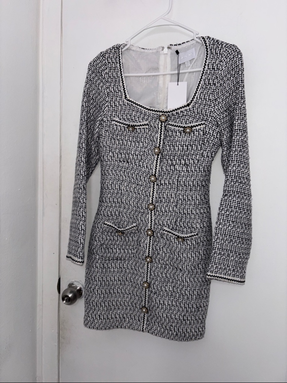 Sugarlips Black and White Tweed Long Sleeve Button Front Dress